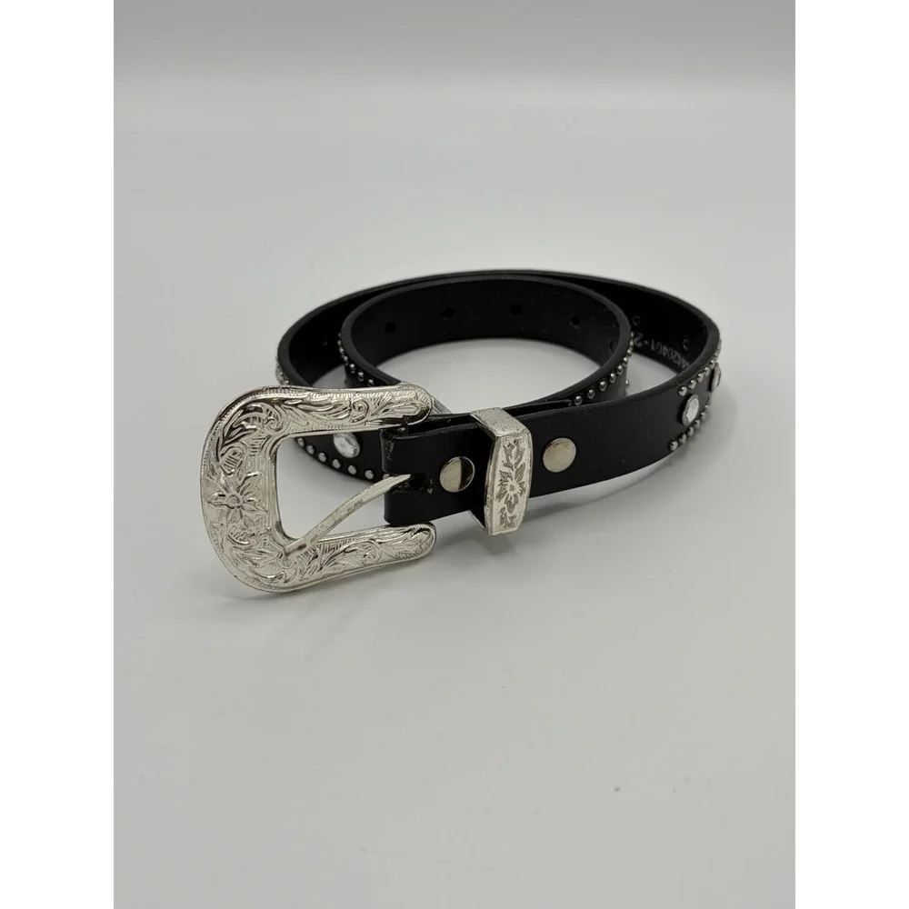 Nocona Black Leather Western Belt w/ Stones Small 22 N4420401 Silver Tone Buckle